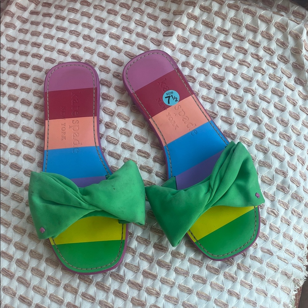 kate spade Multicolor Striped Slide Sandals with Green Bow